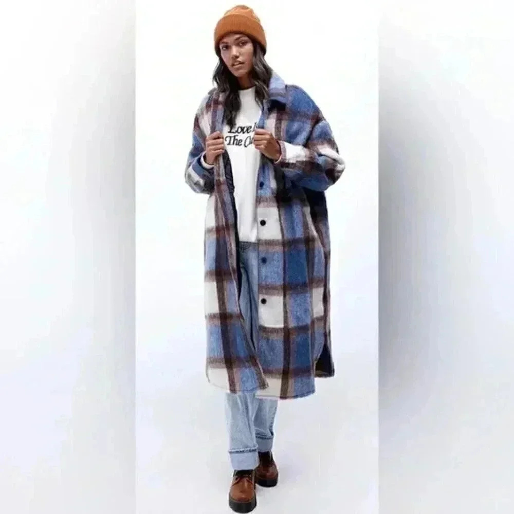 OBEY Blue Plaid Emile Brushed Longline Shacket Jacket